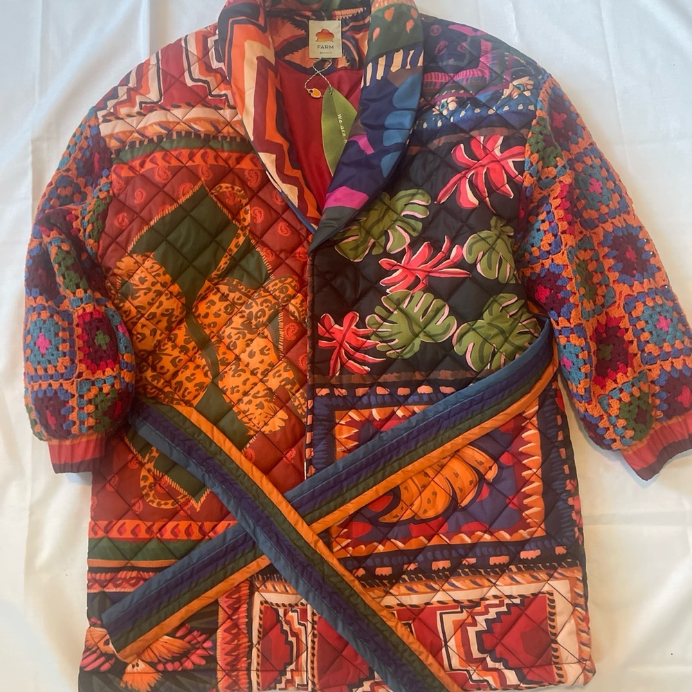 MEDIUM Farm Rio Patchwork Tapestry Crochet Puffer Jacket